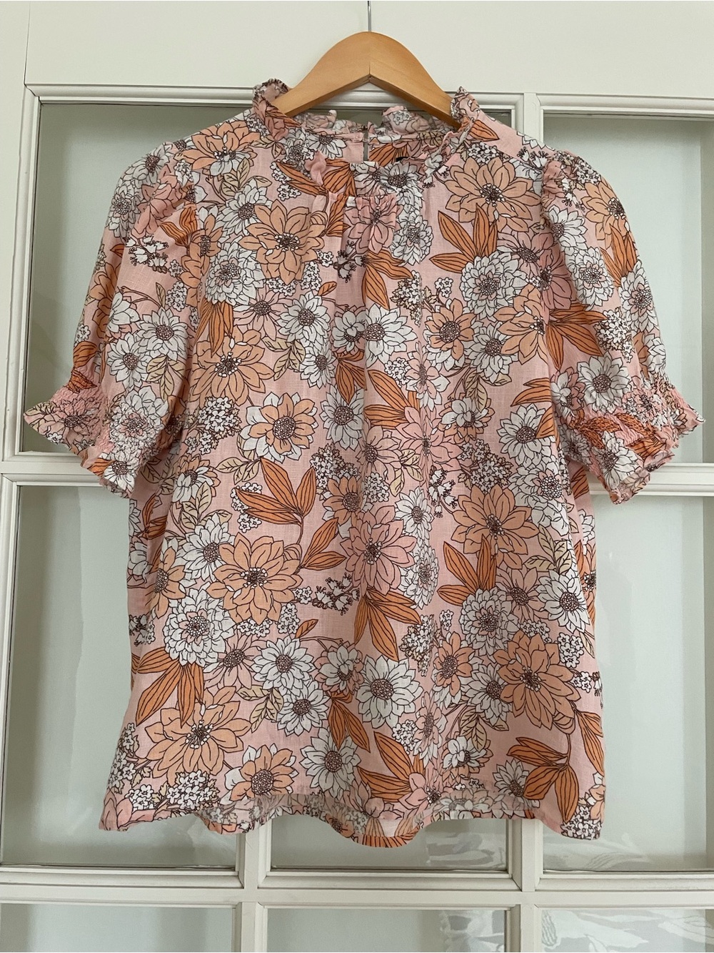 J Crew smocked puff-sleeve 100% linen top zinnia floral top peach orange BG323